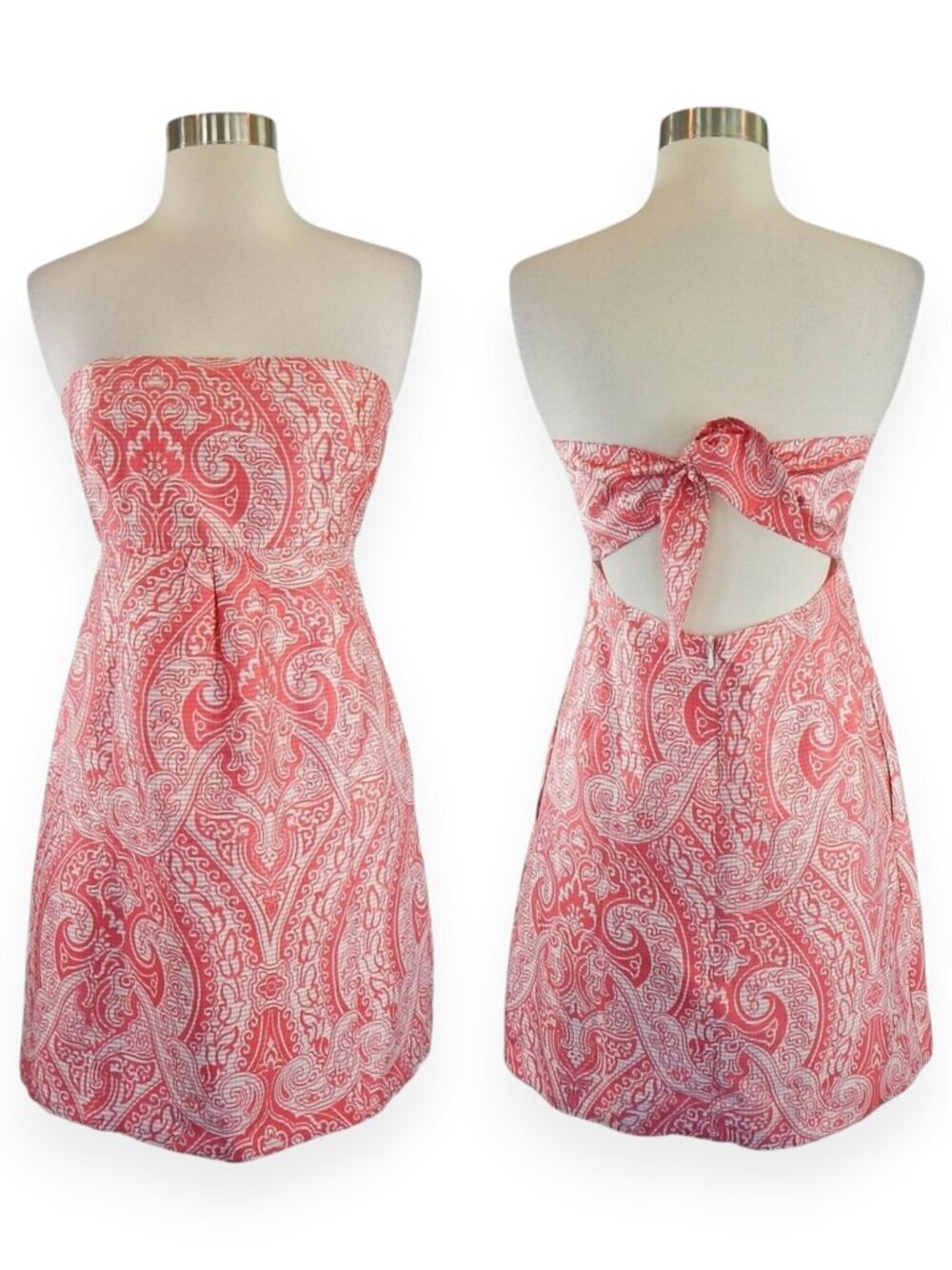 Molly B 100% Silk Pink White Floral Empire Waist Strapless Tie Back Dress 4